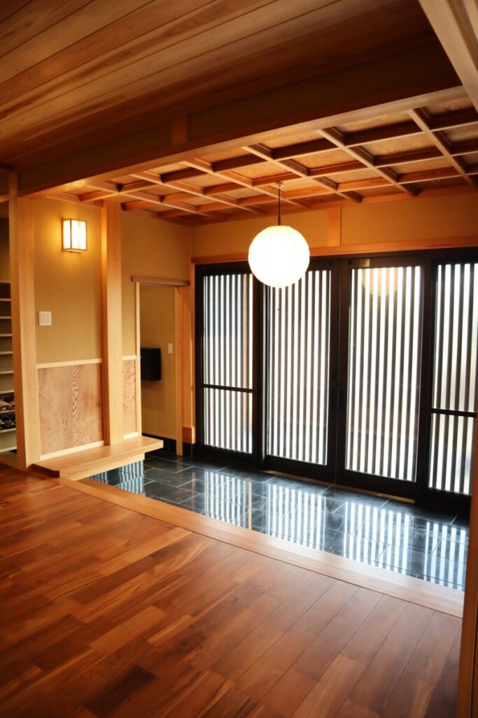 木の格子戸と土間がある和の玄関。下足収納が並び、木の天井と丸い照明が柔らかい雰囲気をつくる。